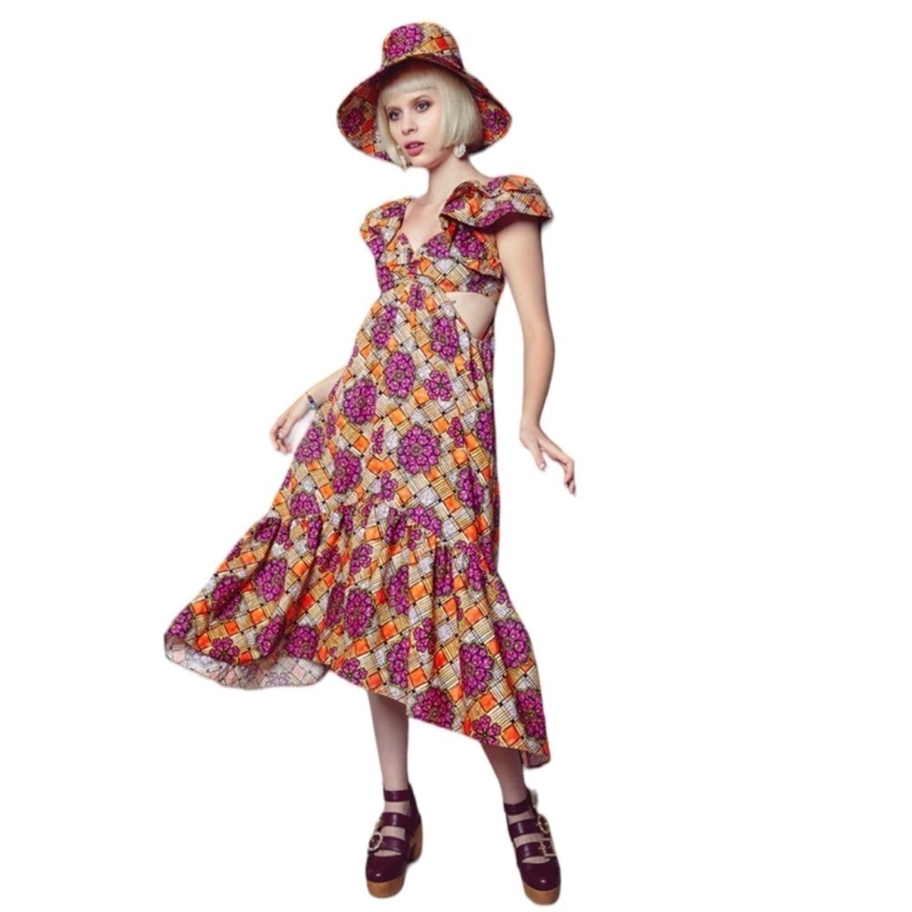 Autumn Adeigbo Chioma Floral Cutout Midi Dress Purple Orange Tiered Ruffle Dress